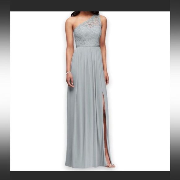 David’s Bridal One-Shoulder Lace Chiffon Gown – Misty Blue – Size 16 – NWT - Picture 2 of 8